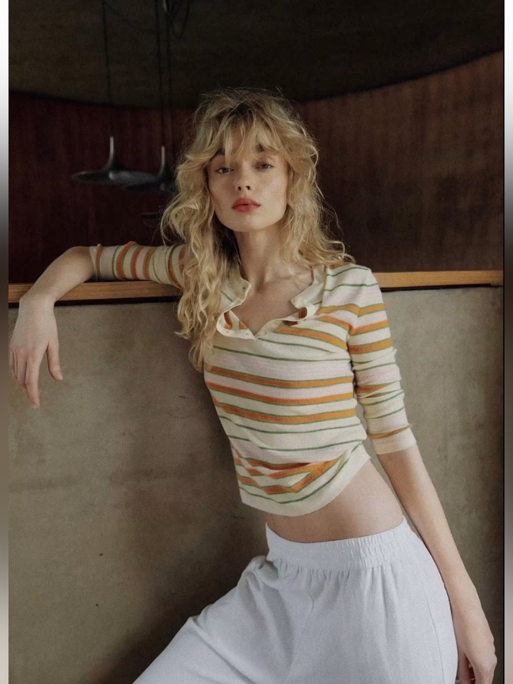 ZARA striped, short-sleeved knit top button up jumper